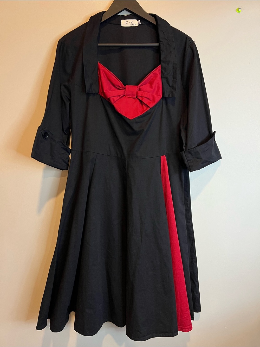 C.Z Dress Black Red Bow Detail A-Line Mini Statement Piece Size 3XL 3/4 Sleeve